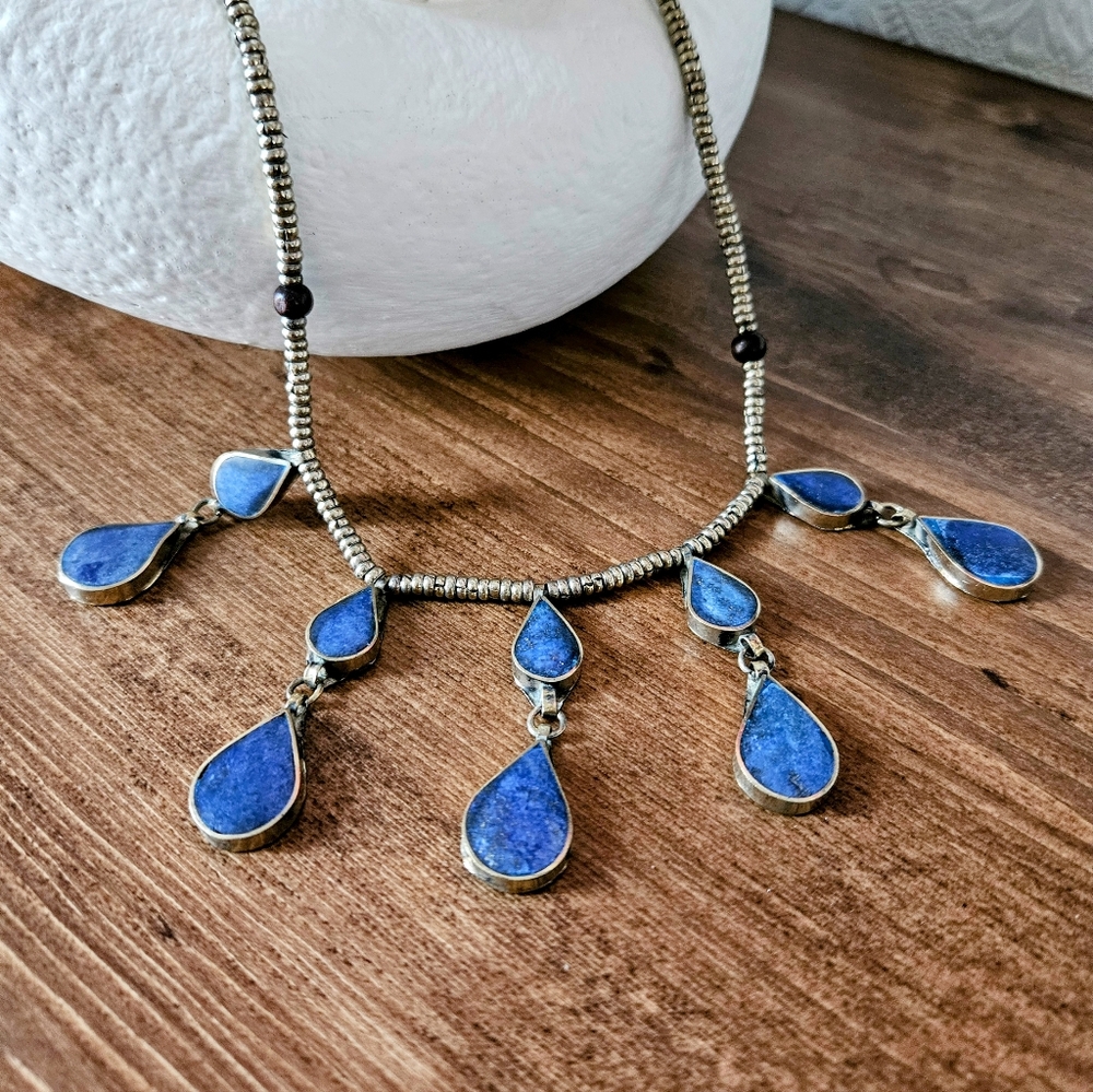 Handmade Lapis Lazuli necklace, Afghan boho Tribal jewelry, teardrop Lapis Lazul